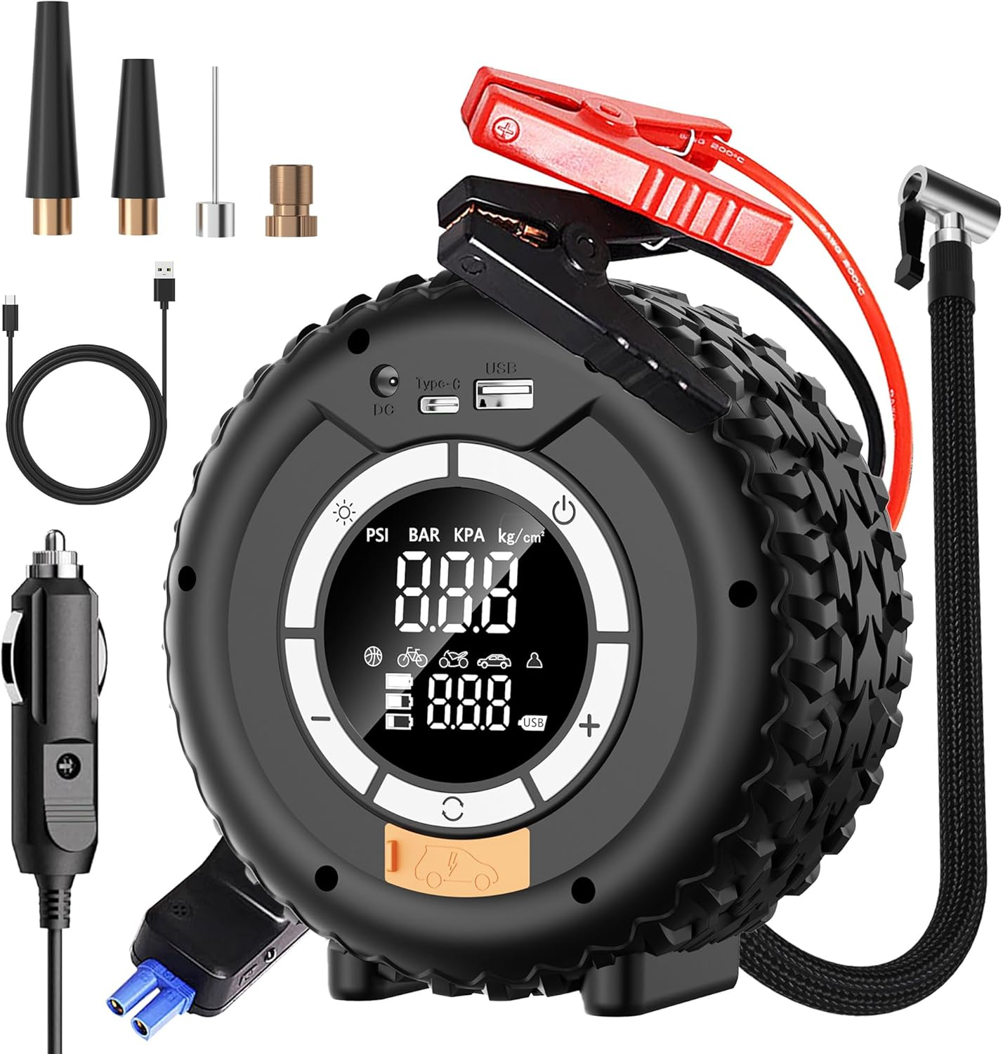 Jumper + compresor de aire, luz LED, 8000A 150PSI cables de batería ,(todo a gas/10L diesel)