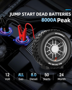 Jumper + compresor de aire, luz LED, 8000A 150PSI cables de batería ,(todo a gas/10L diesel)