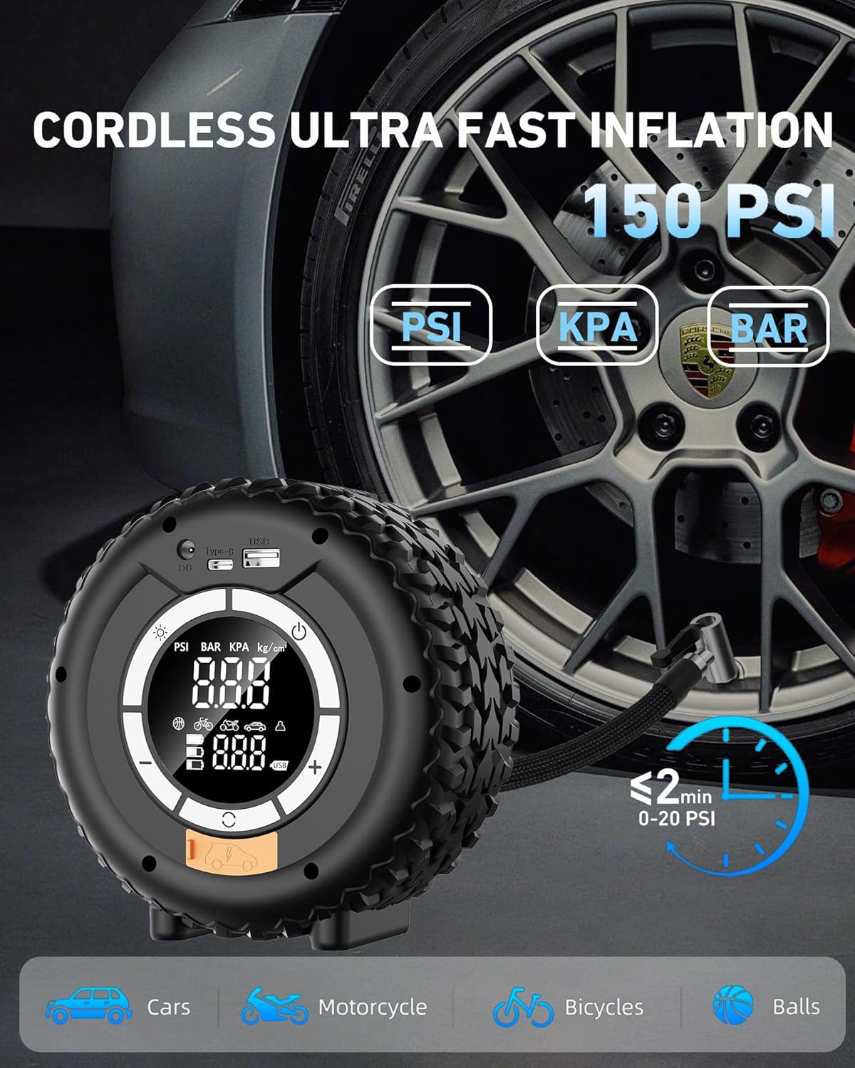 Jumper + compresor de aire, luz LED, 8000A 150PSI cables de batería ,(todo a gas/10L diesel)