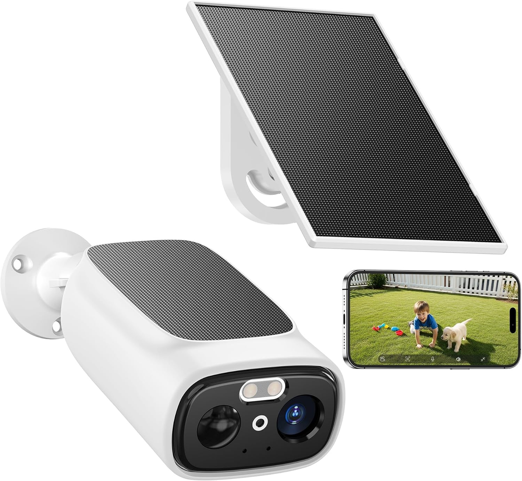 Cámaras de seguridad solares de exteriores, 2K, grabación de movimiento PIR/AI, impermeable IP66, visión nocturna