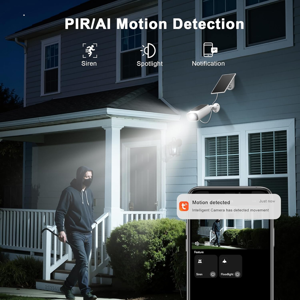 Cámaras de seguridad solares de exteriores, 2K, grabación de movimiento PIR/AI, impermeable IP66, visión nocturna