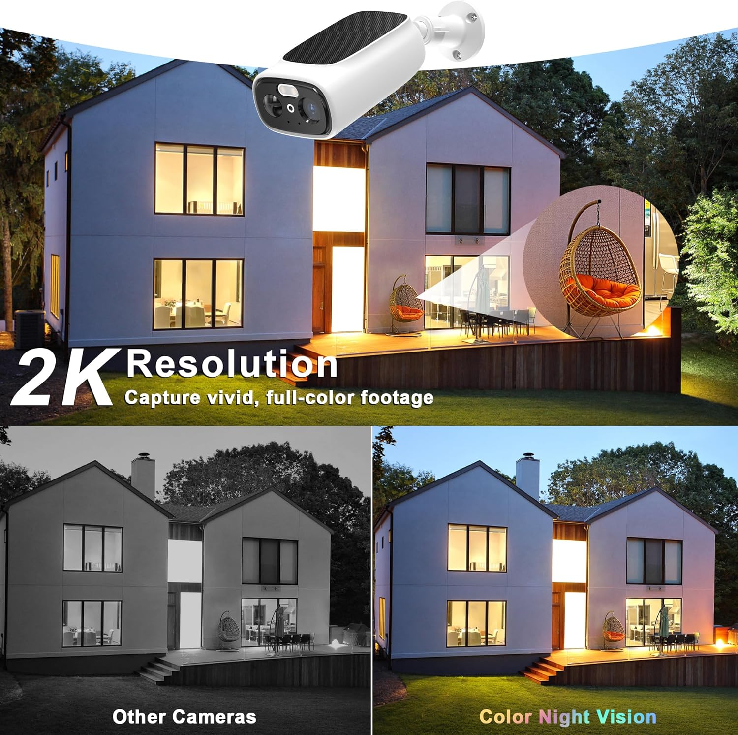 Cámaras de seguridad solares de exteriores, 2K, grabación de movimiento PIR/AI, impermeable IP66, visión nocturna