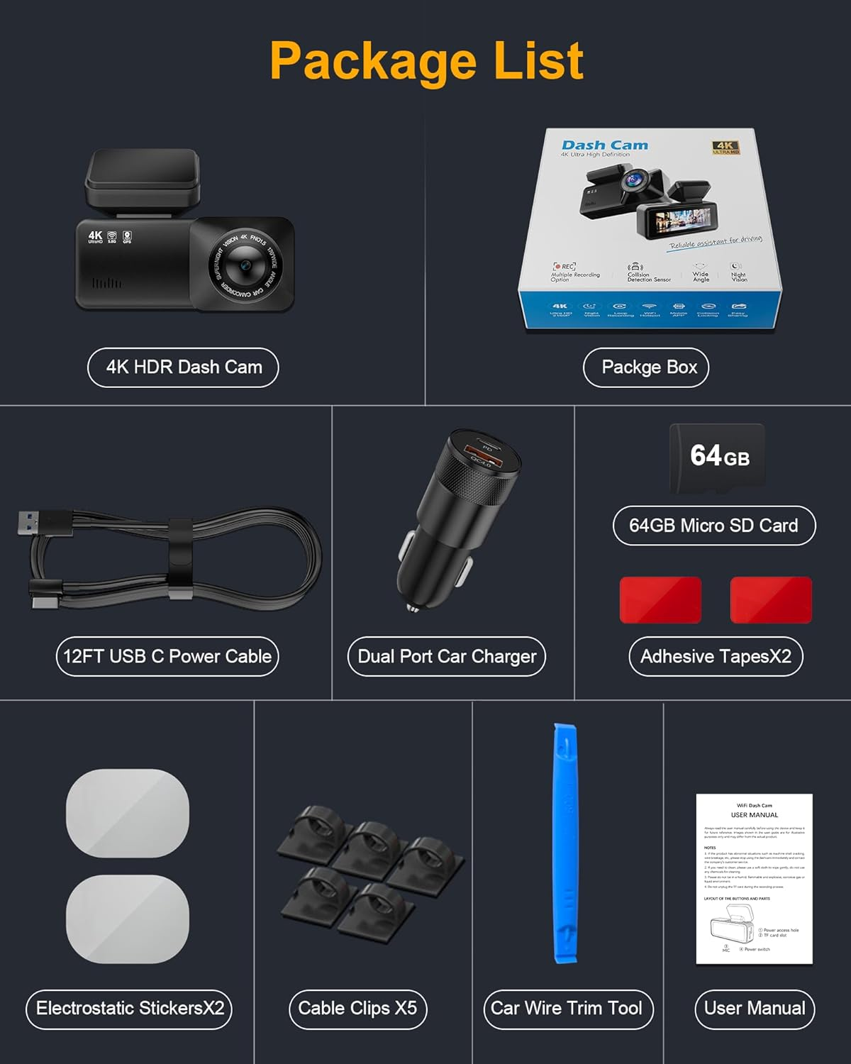 Dash Cam 4K Ultra HD, GPS integrado, WiFi de 5.8 GHz, control de aplicación, pantalla IPS de 3.2", visión noche