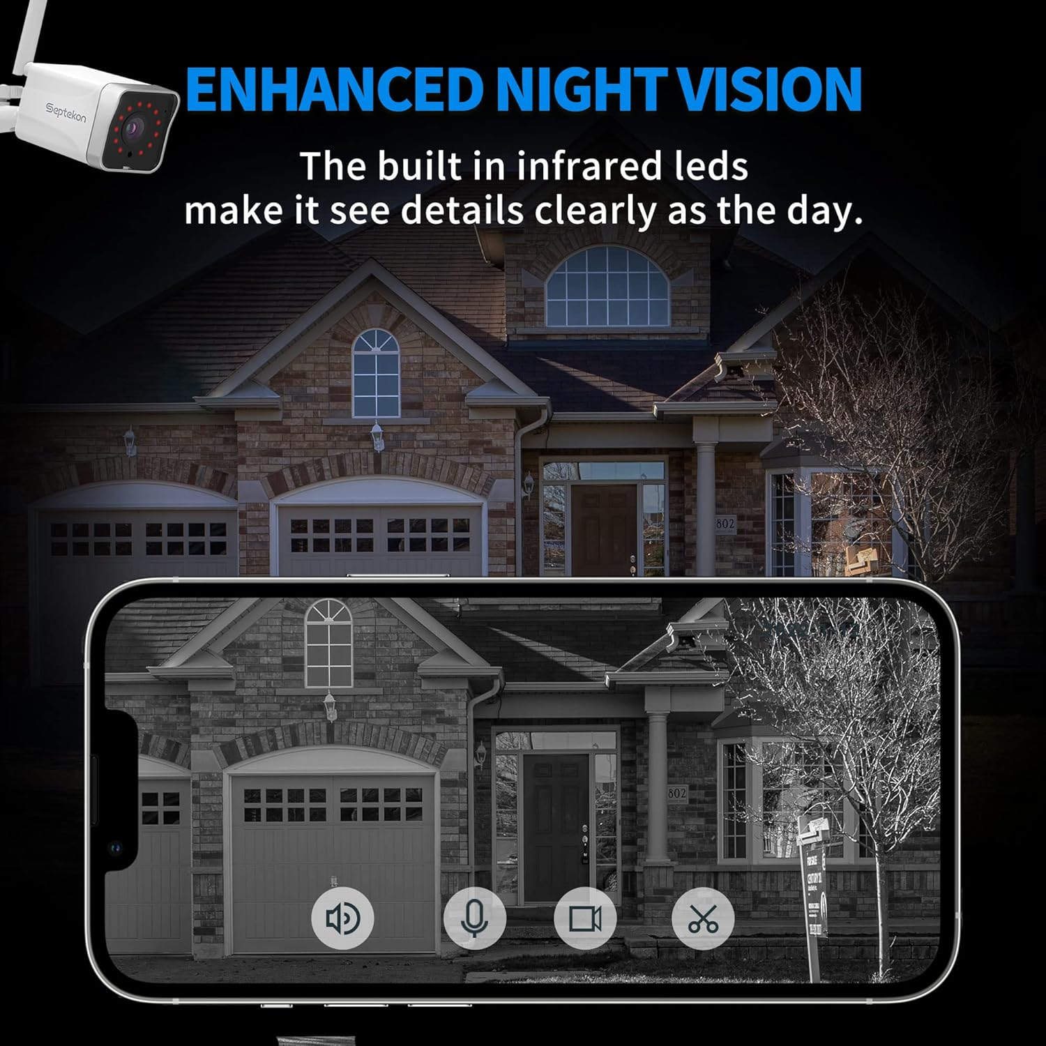 Septekon - Cámara de seguridad 2K para exteriores, WIFI, detección de movimiento, seguimiento, visión nocturna, audio de 2 vías, IP66 resistente a la intemperie