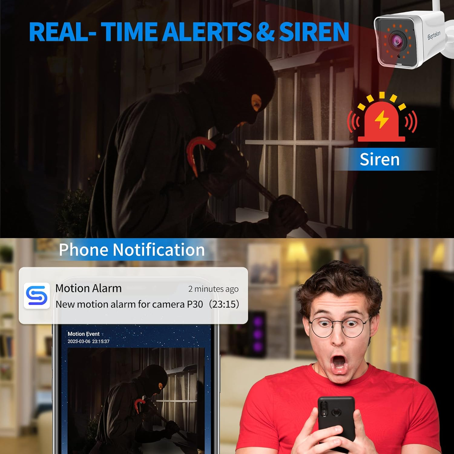 Septekon - Cámara de seguridad 2K para exteriores, WIFI, detección de movimiento, seguimiento, visión nocturna, audio de 2 vías, IP66 resistente a la intemperie