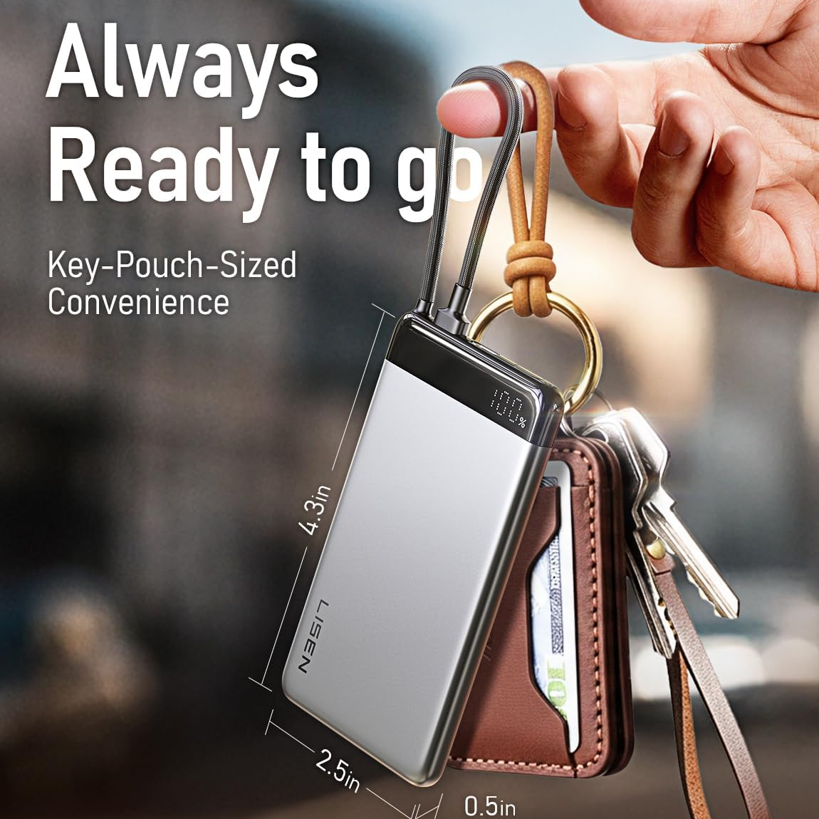 LISEN Powerbank 10000 mAh USB de carga rápida, cable USB-C integrado de 22.5 W