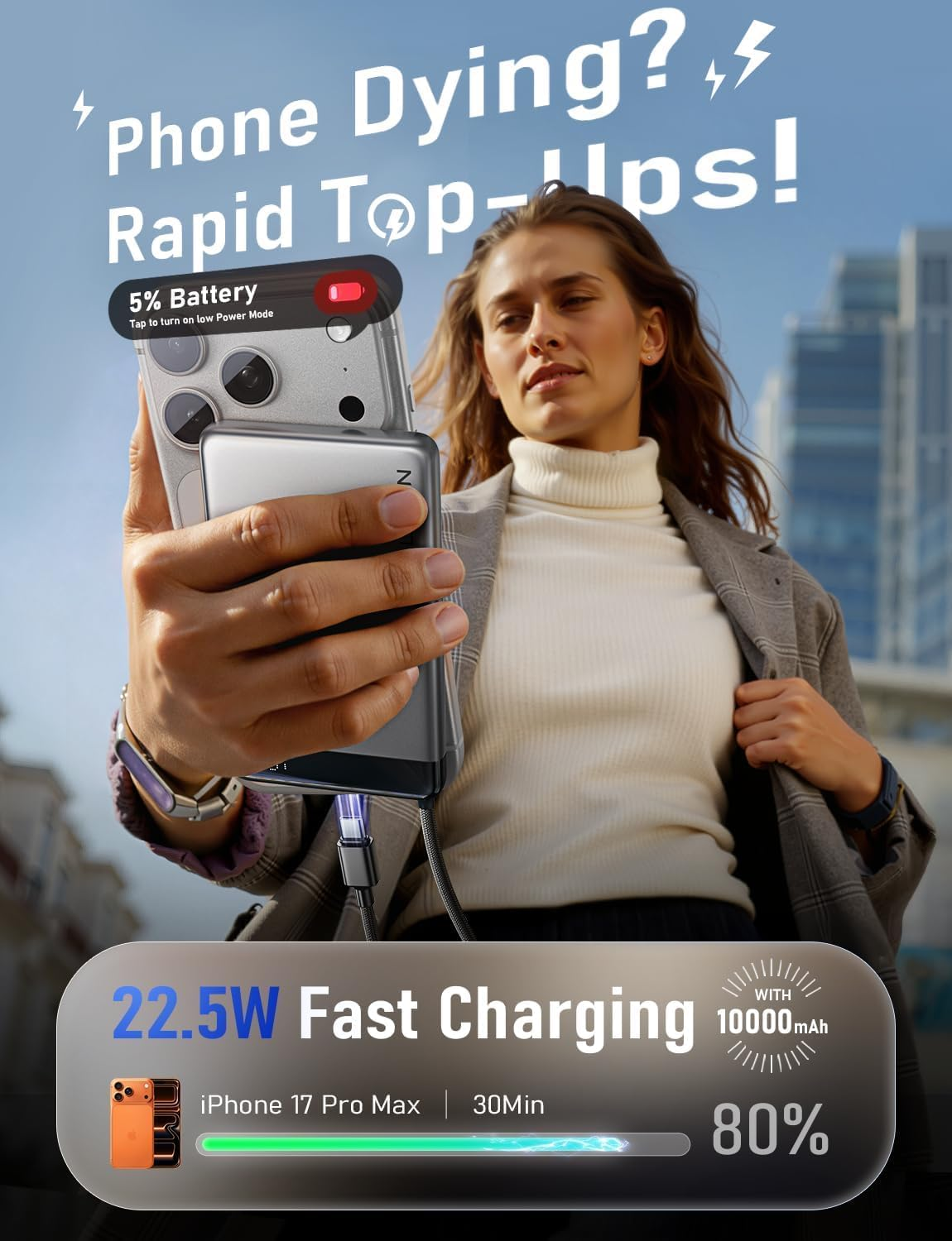 LISEN Powerbank 10000 mAh USB de carga rápida, cable USB-C integrado de 22.5 W