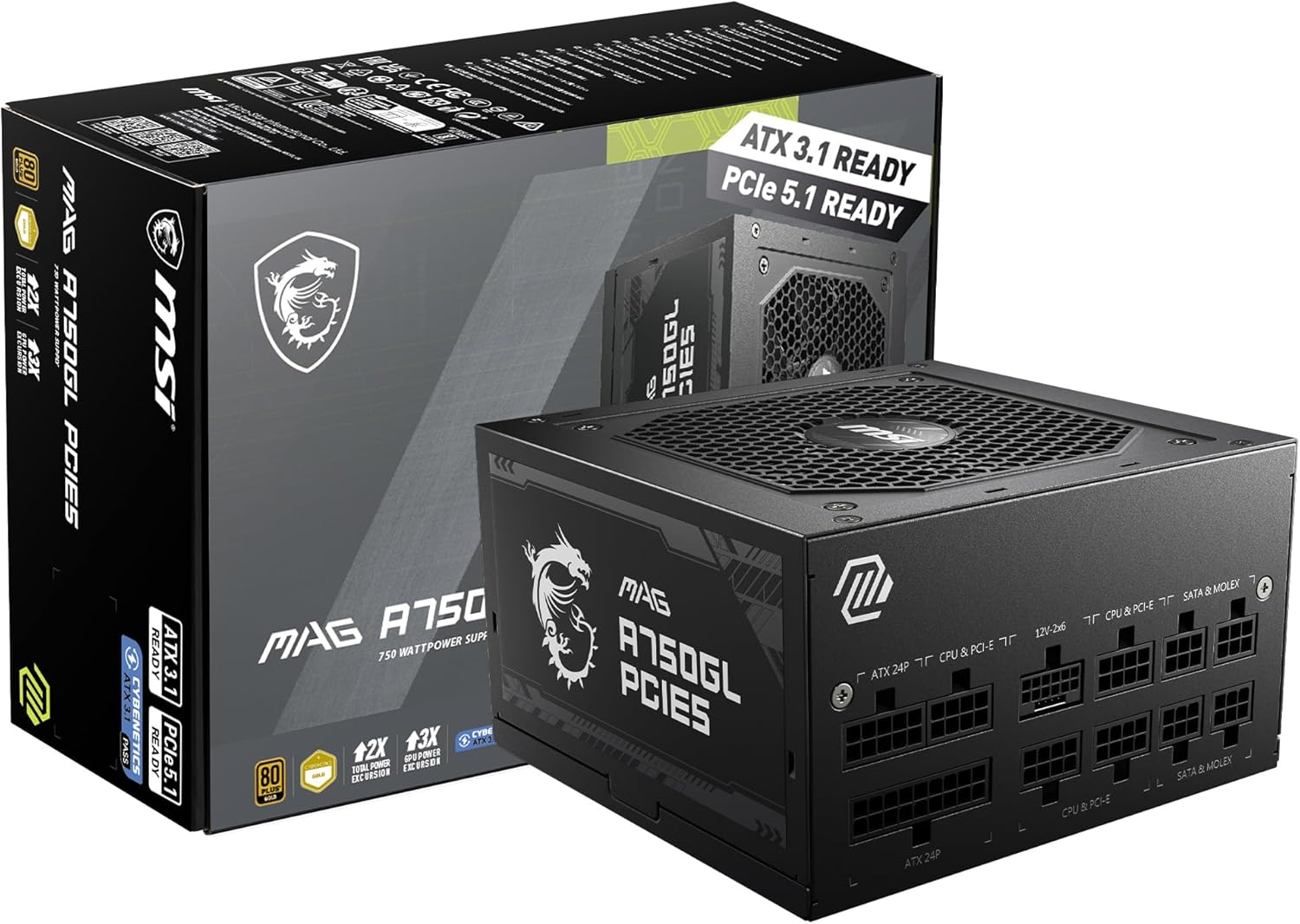 MSI MAG A750GL PCIE5, 750 W, 80+ Gold, ATX 3.1 y PCIe 5.1 listo, cable nativo de 12 V-2 x 6 de doble color, 10 años de garantía