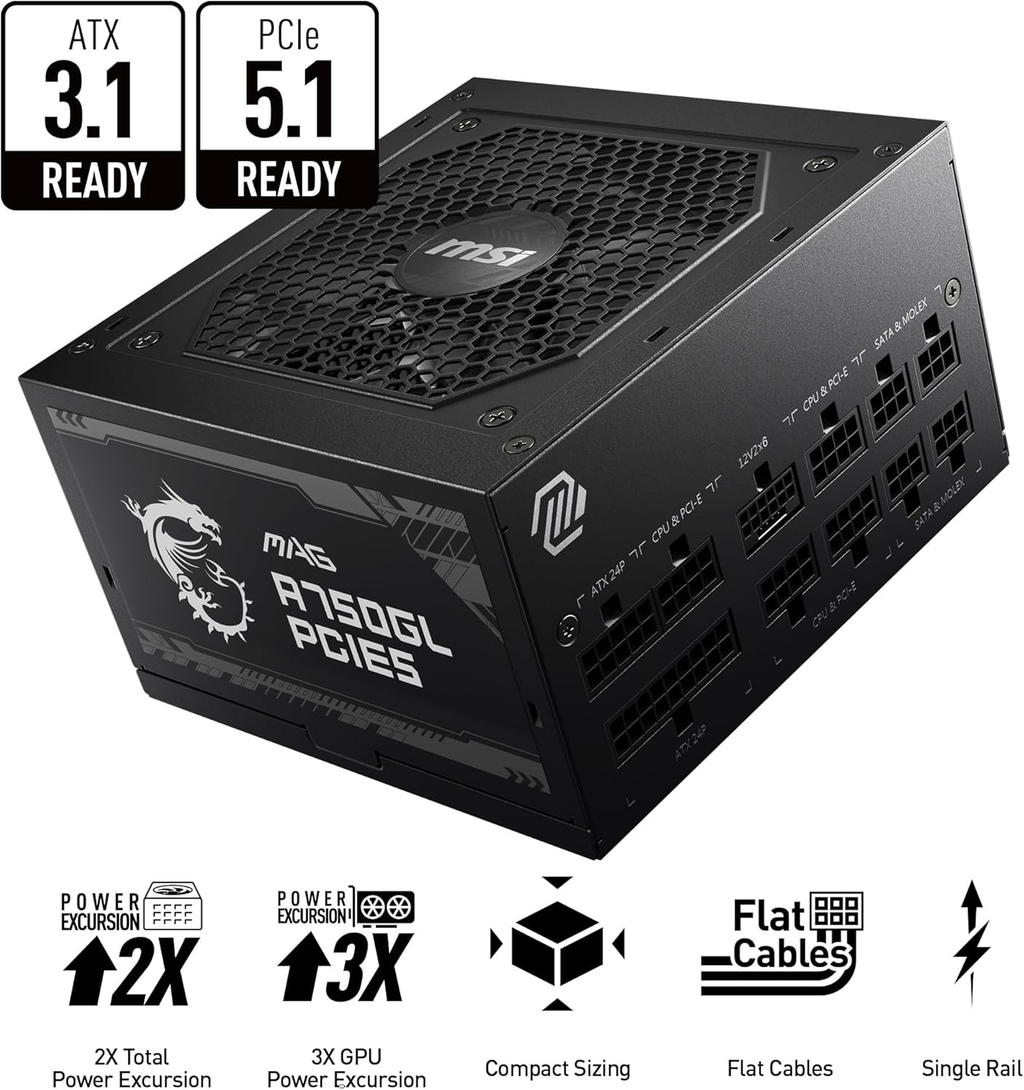 MSI MAG A750GL PCIE5, 750 W, 80+ Gold, ATX 3.1 y PCIe 5.1 listo, cable nativo de 12 V-2 x 6 de doble color, 10 años de garantía