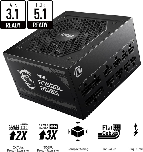 MSI MAG A750GL PCIE5, 750 W, 80+ Gold, ATX 3.1 y PCIe 5.1 listo, cable nativo de 12 V-2 x 6 de doble color, 10 años de garantía