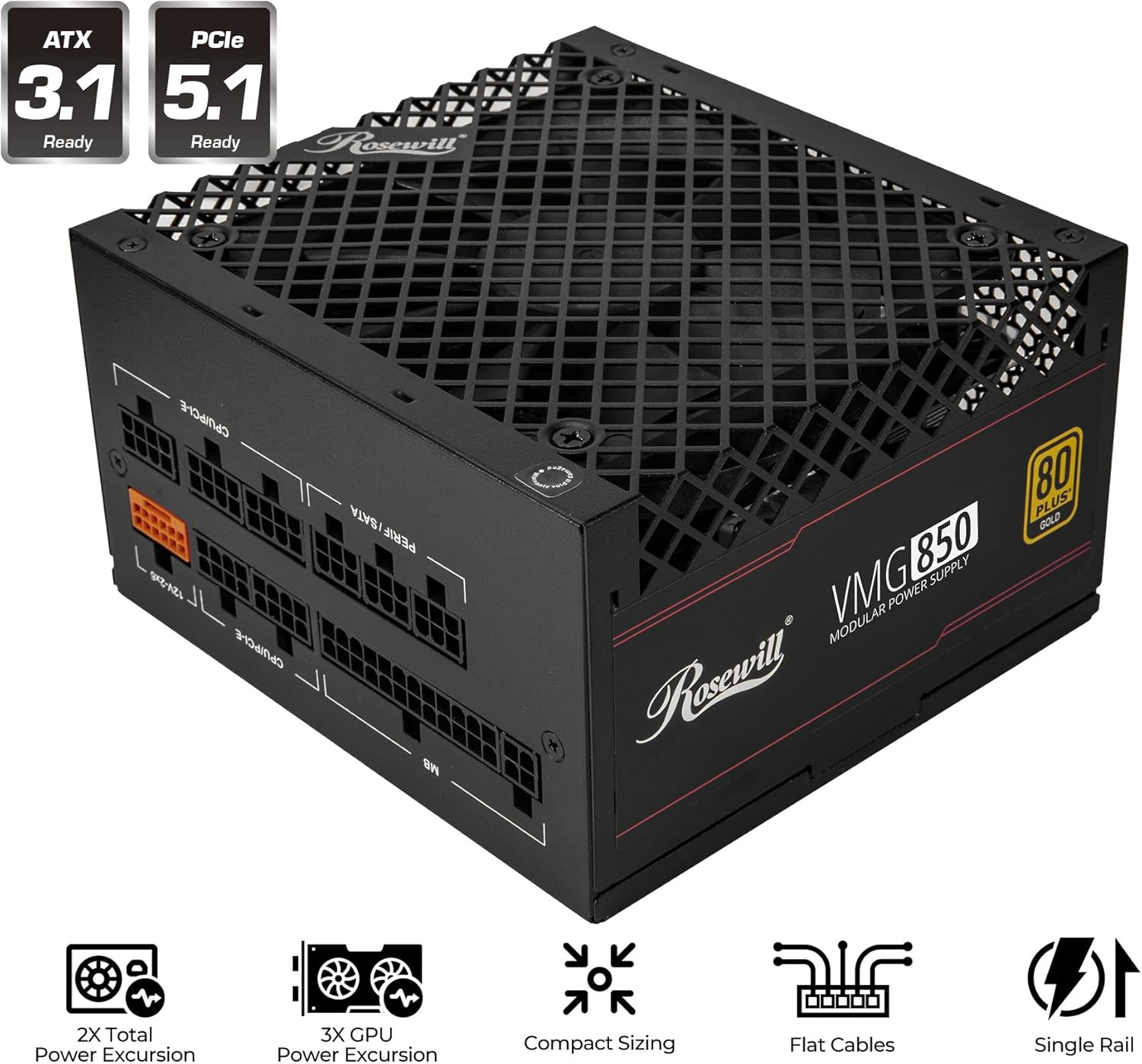 Rosewill VMG 850W 80+ Gold, ATX 3.0 y 3.1, completamente modular de bajo ruido, Conector PCIe 5.1 12V-2x6,
