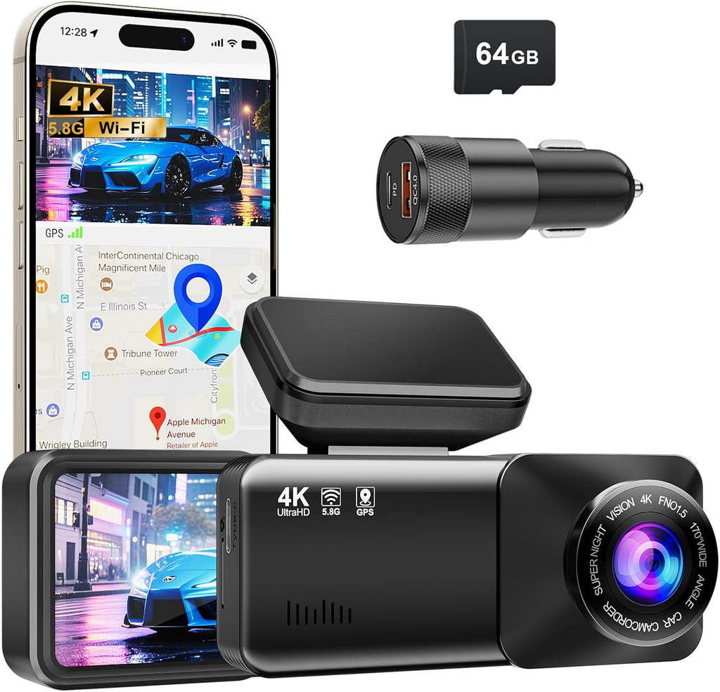 Cámara trasera 4K Ultra HD, cámara frontal para automóviles con GPS incorporado, WiFi de 5.8GHz, control por APP, pantalla IPS de 3.2", visión nocturna