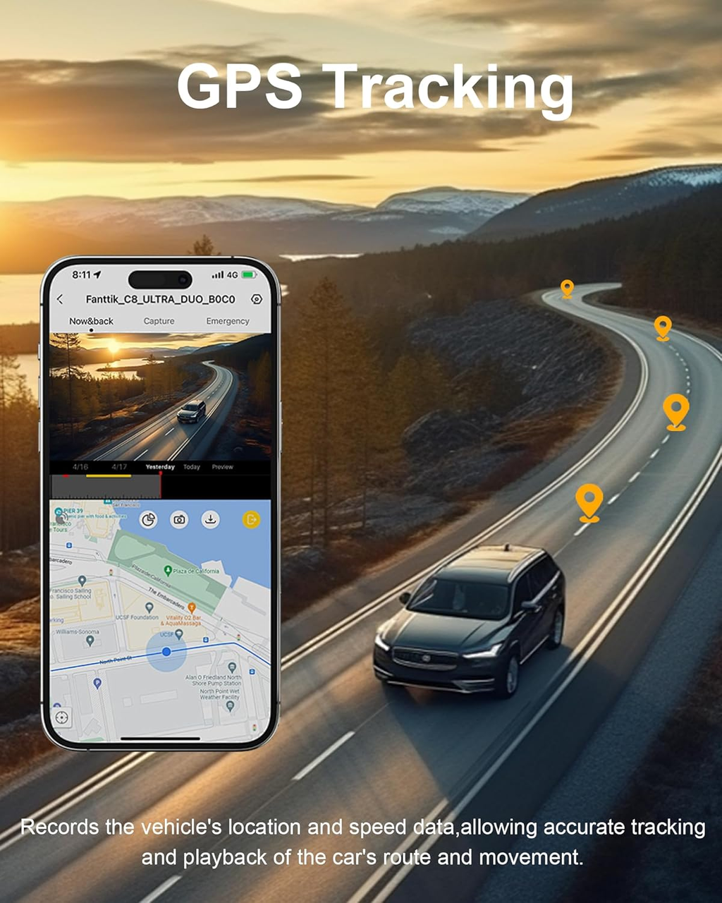Cámara trasera 4K Ultra HD, cámara frontal para automóviles con GPS incorporado, WiFi de 5.8GHz, control por APP, pantalla IPS de 3.2", visión nocturna