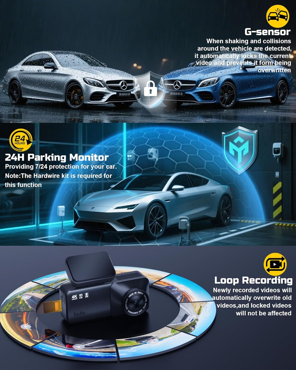 Cámara trasera 4K Ultra HD, cámara frontal para automóviles con GPS incorporado, WiFi de 5.8GHz, control por APP, pantalla IPS de 3.2", visión nocturna