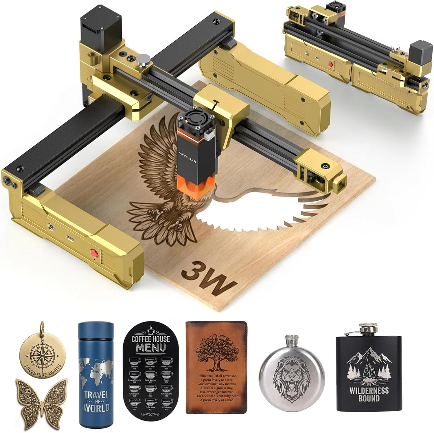 Artilume Grabador láser 3W portátil cortador 20cm x 15cm, madera, cuero, PCB, láser plegable