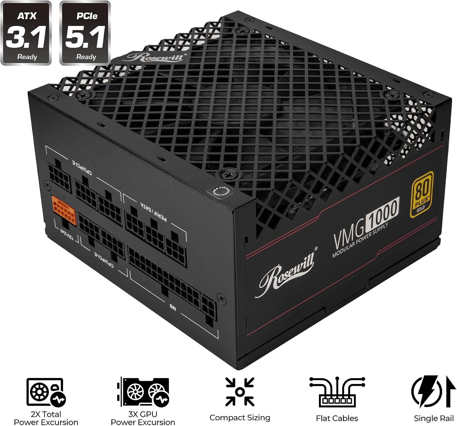 Rosewill VMG 1000W 80+ Gold, ATX 3.0 y 3.1, completamente modular de bajo ruido, Conector PCIe 5.1 12V-2x6,