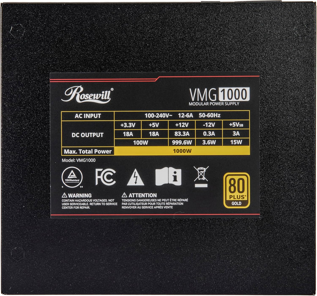 Rosewill VMG 1000W 80+ Gold, ATX 3.0 y 3.1, completamente modular de bajo ruido, Conector PCIe 5.1 12V-2x6,