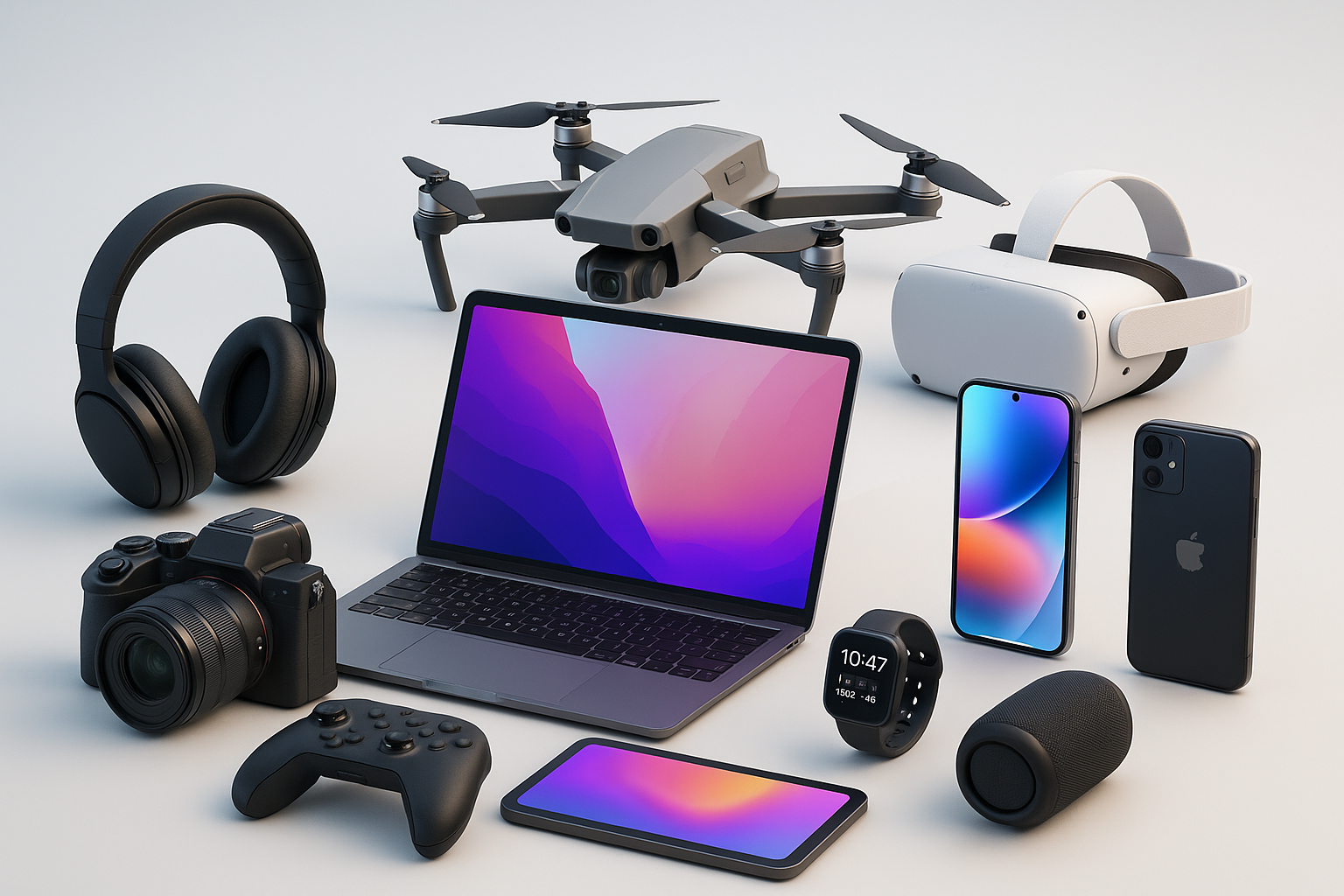 imagen de muchos gadgets tecnologinos, audifonos, camaras, drones, etc